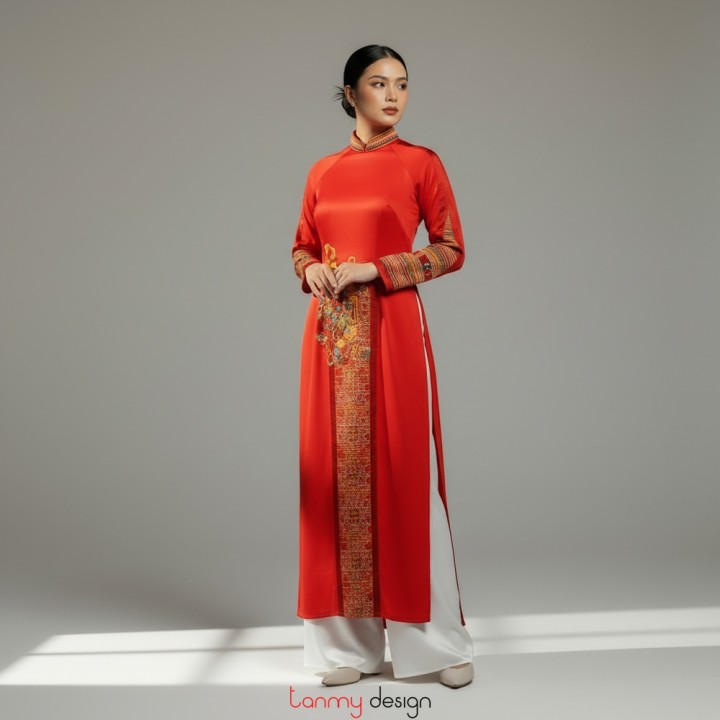Raw silk Vietnamese long dress with ethnic brocade accents